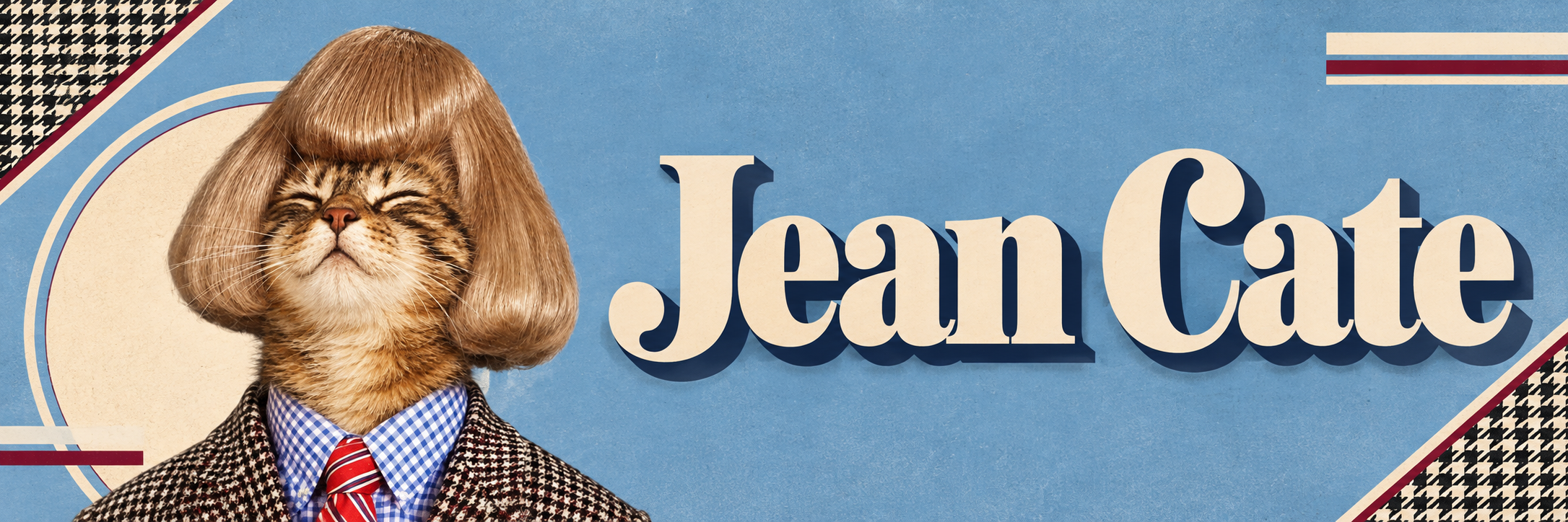 Jean Cate banner, cream title on powder blue